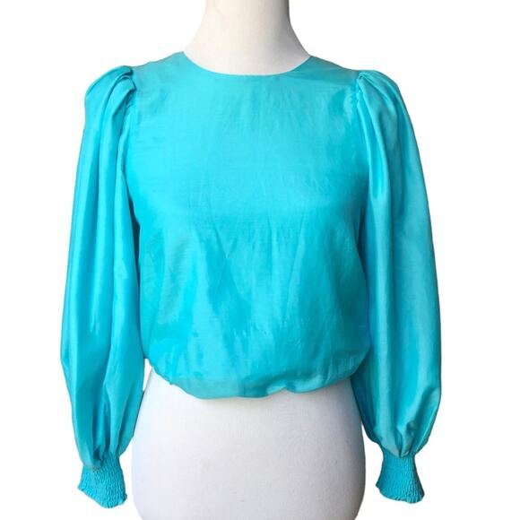 Alice + Olivia Shondra cotton silk blend blouse in aqua sz xs - Picture 3 of 10
